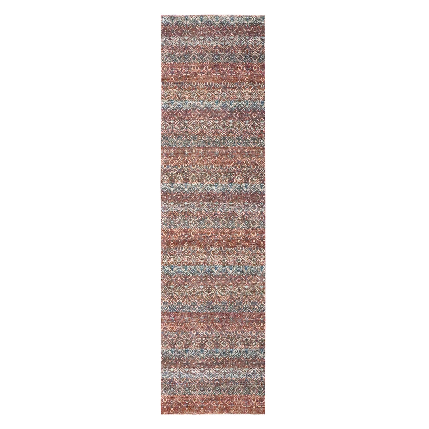 2'7"x10' Summer Fig Red, Kohinoor Herat with Small Geometric Repetitive Diamond Pattern, Tone on Tone, Soft and Shiny Wool, Hand Knotted, Runner, Oriental Rug 